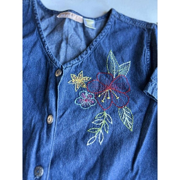 La Cera Denim Dress: P-Med. Vintage 90s Embroidered Applique Floral Pockets - Picture 3 of 9